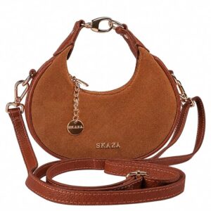 SKAZA Crescent Suede Shoulder Bag for Women | Tan Leather Handbag with Top Zip Closure, Gold Plated Hardware & Jacquard Lining | Compact Fashion Purse